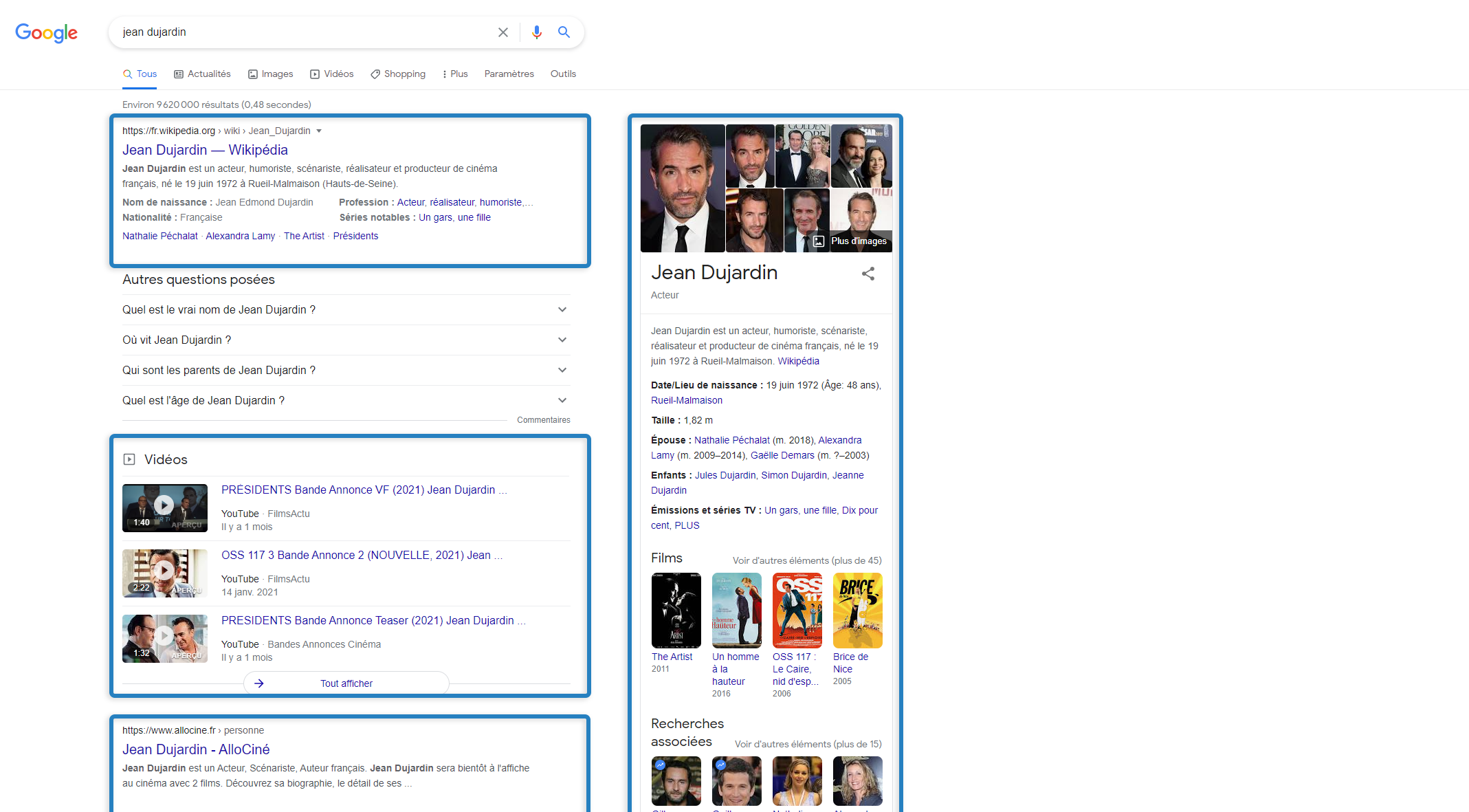 SERP exemple de page de résultats de moteur de recherche google sur une requête de type informationnelle ne montrant que des résultats organiques (encadrés en bleu)