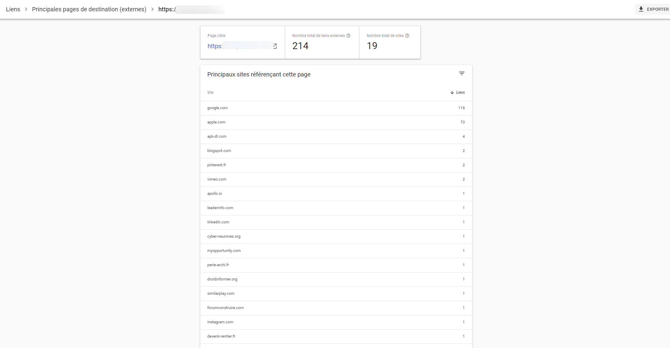 Google search console consultation des backlinks (liens référents) dans le menu liens pour une page web spécifique